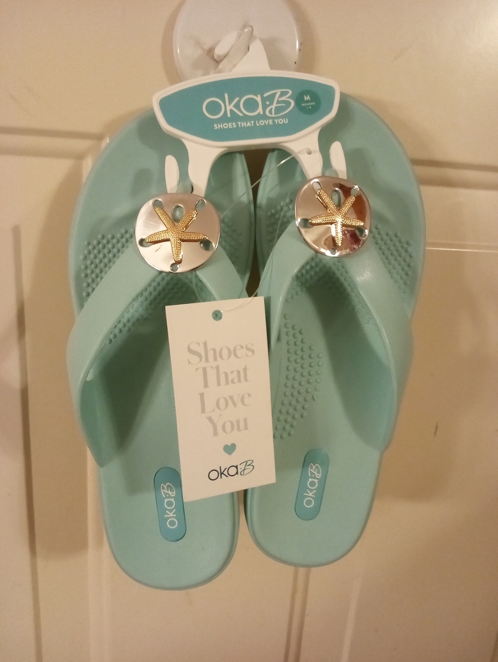 Oka B Flip Flops Starfish Charm Aqua Blue Sandals Size M NWT